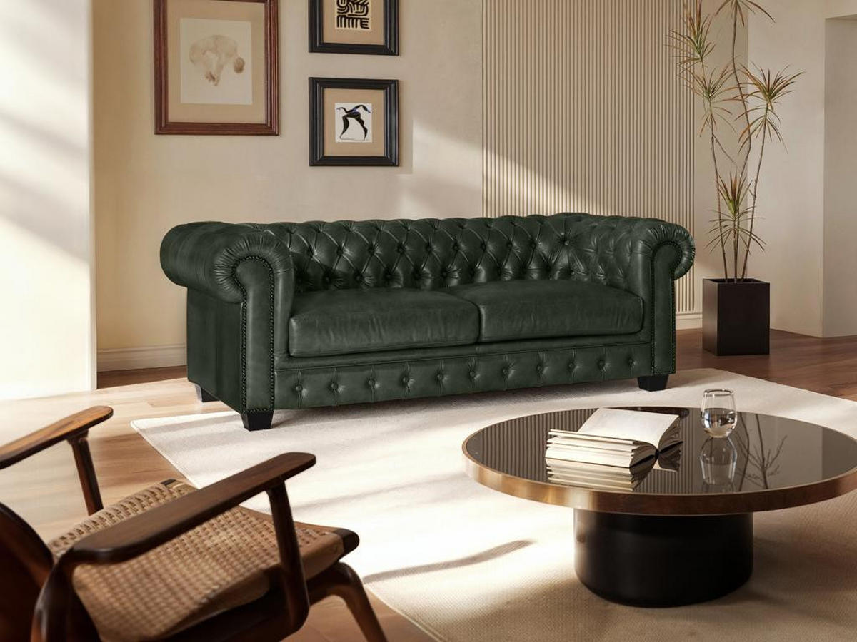 CHESTERFIELD Ledersofa 3-Sitzer - Büffelleder - Schwarzgrün - BRENTON - Grün, Leder (96/73/201cm) - Vente-Unique