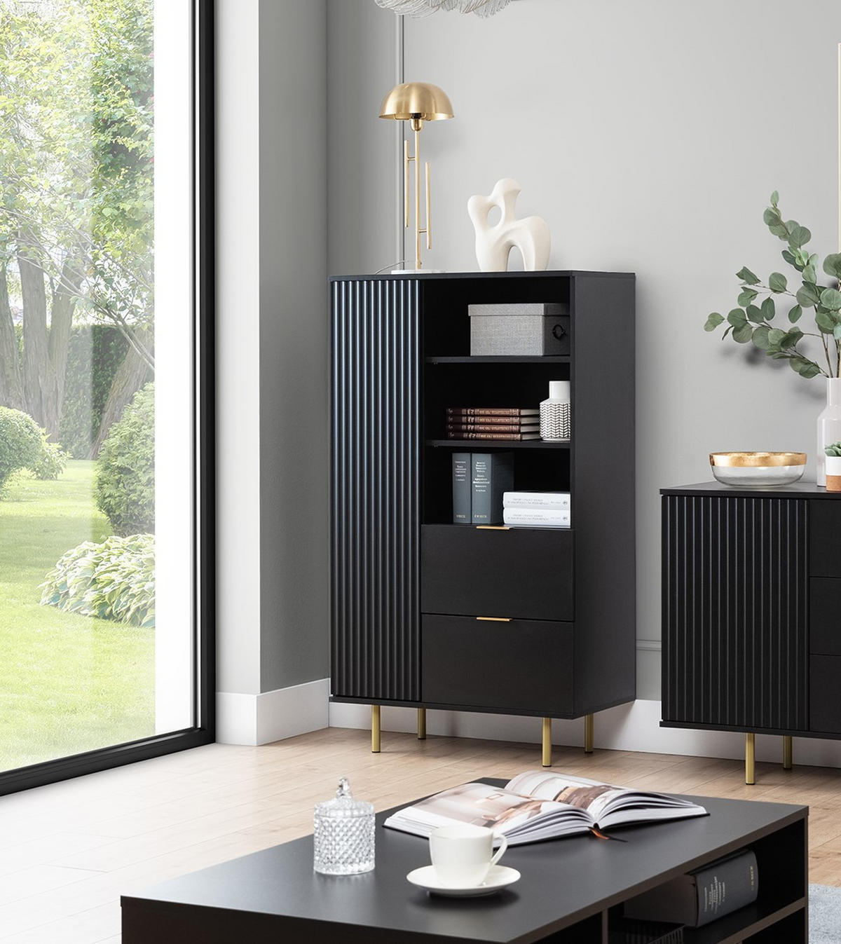 BÜCHERREGAL Nubia R1D2SZ Schwarz - Goldfarben/Schwarz, Holzwerkstoff/Metall (80/140/41cm) - Ravio