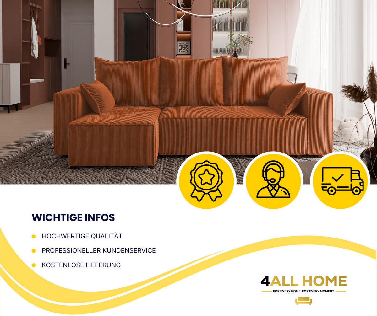 ECKSOFA Tobi mit Bettkasten und Schlaffunktion, L-Form, Cordstoff, Universal - Rostfarben, Holzwerkstoff (246/145cm) - 4ALL HOME