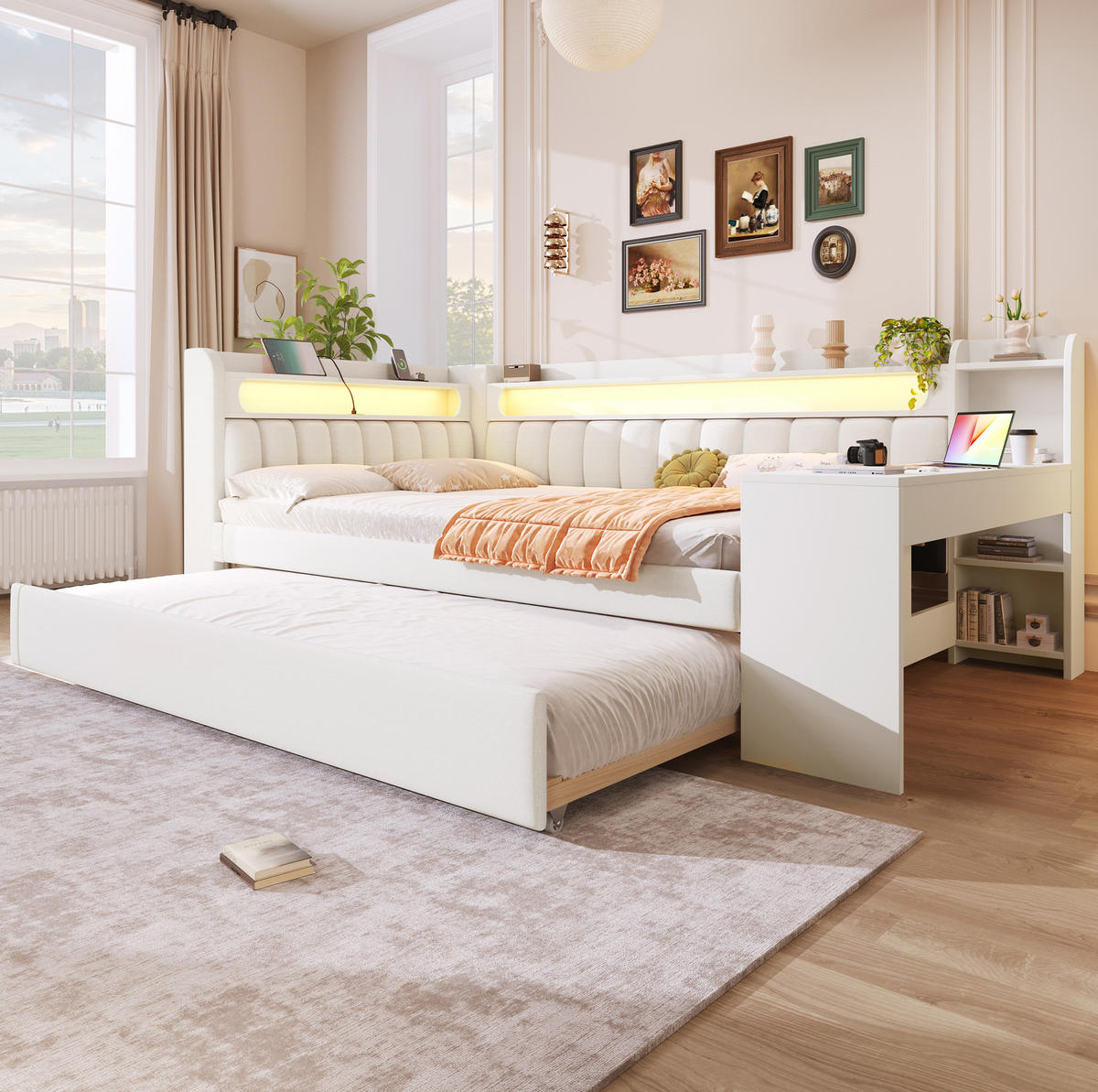 POLSTERBETT aus MDF 140x200 cm Weiß mit LED-Beleuchtung, USB-Anschluss, Ausziehbett und Schreibtisch - Weiß, Holzwerkstoff (140/200cm) - Modfu