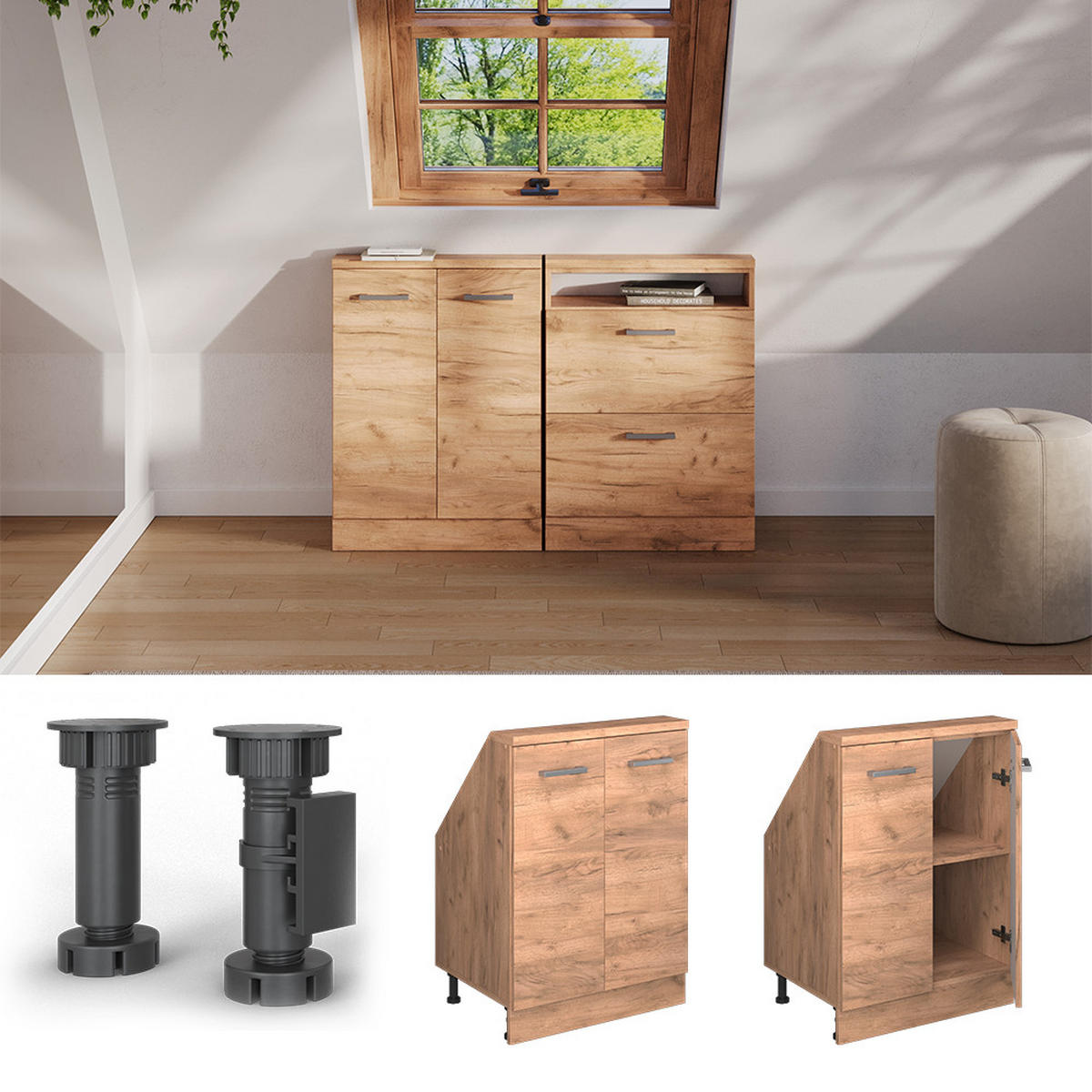 KUCHYŇSKÁ SKŘÍŇKA POD ŠIKMOU STŘECHU R-Line Zlatý mocný dub - medově dubová/dub Wotan, kompozitní dřevo (60/81.6/46cm) - Vicco