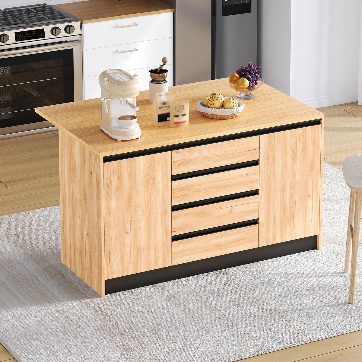 KÜCHENINSEL 140/50/90 cm Natürlich mit 4 Schubladen, ausklappbarer Arbeitsplatte und 2 Schränken - Silberfarben/Weiß, Holz/Holzwerkstoff (80/90/140cm) - Oxeza