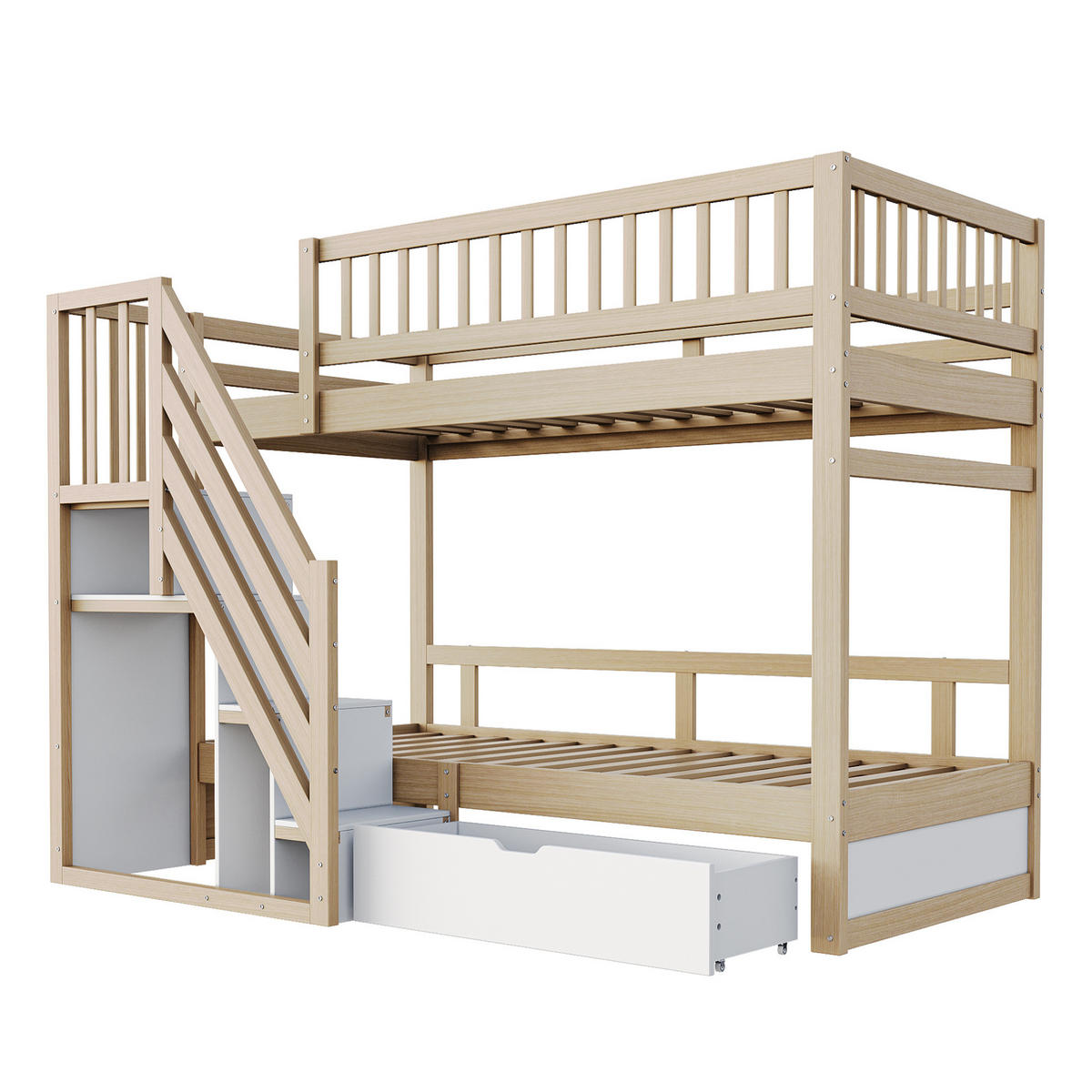 ETAGENBETT 90/200 cm aus Massivholz mit Stauraum und Sicherheitsleiter - Naturfarben, Holz (90/200cm) - OKMYHOME
