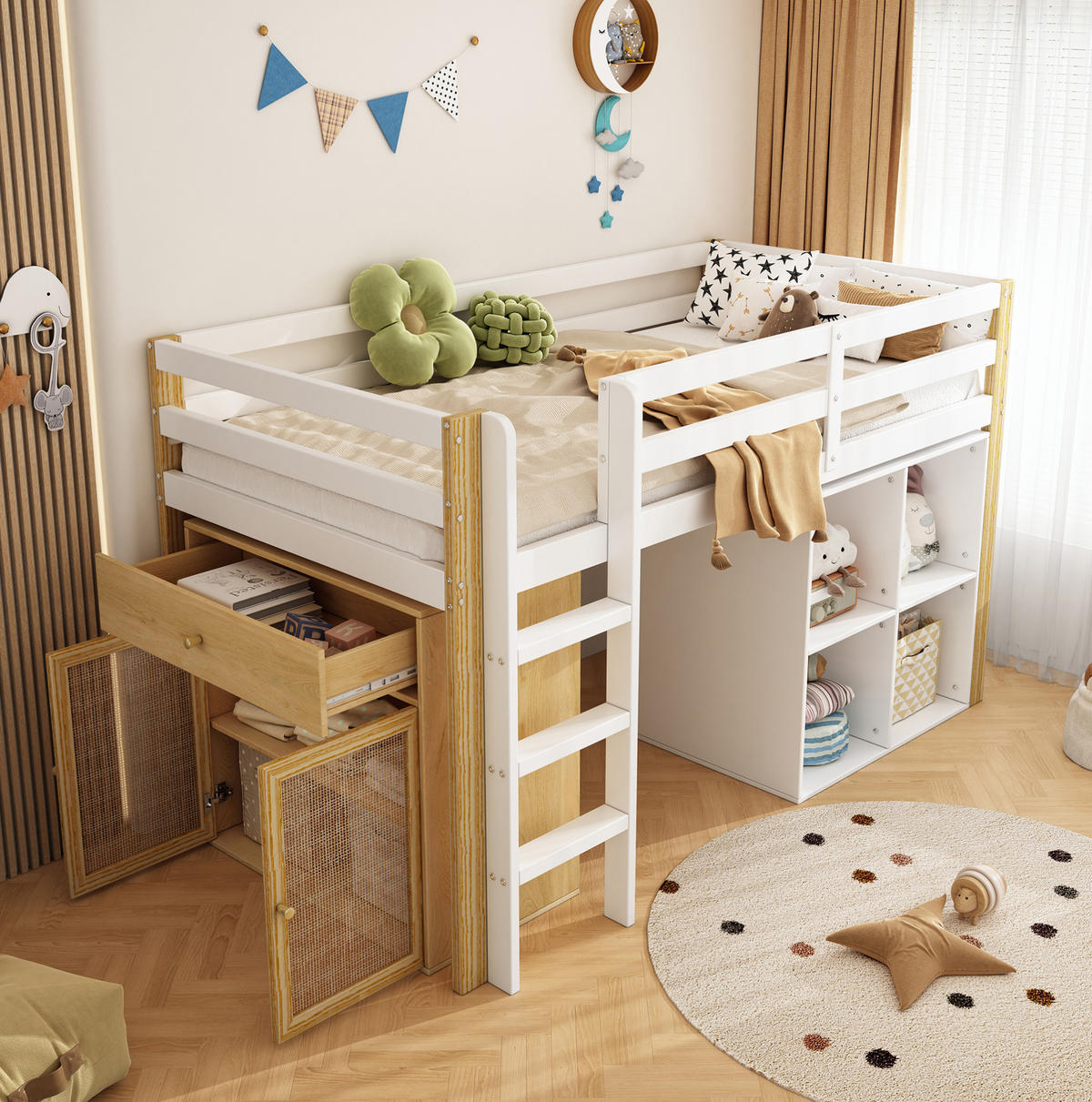 HOCHBETT 90/200 cm aus Massivholz mit 2 Aufbewahrungsschränken und Leiter Natur/Weiß - Weiß, Holz (90/200cm) - Modenvie