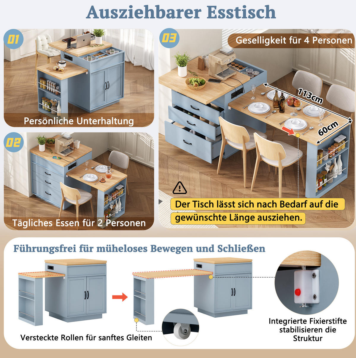 KÜCHENINSEL 125,5-187,5/71/93 cm aus MDF mit ausziehbarer Tischplatte und LED-Beleuchtung Blau - Hellblau, Holzwerkstoff (125.5/93/71cm) - Modenvie