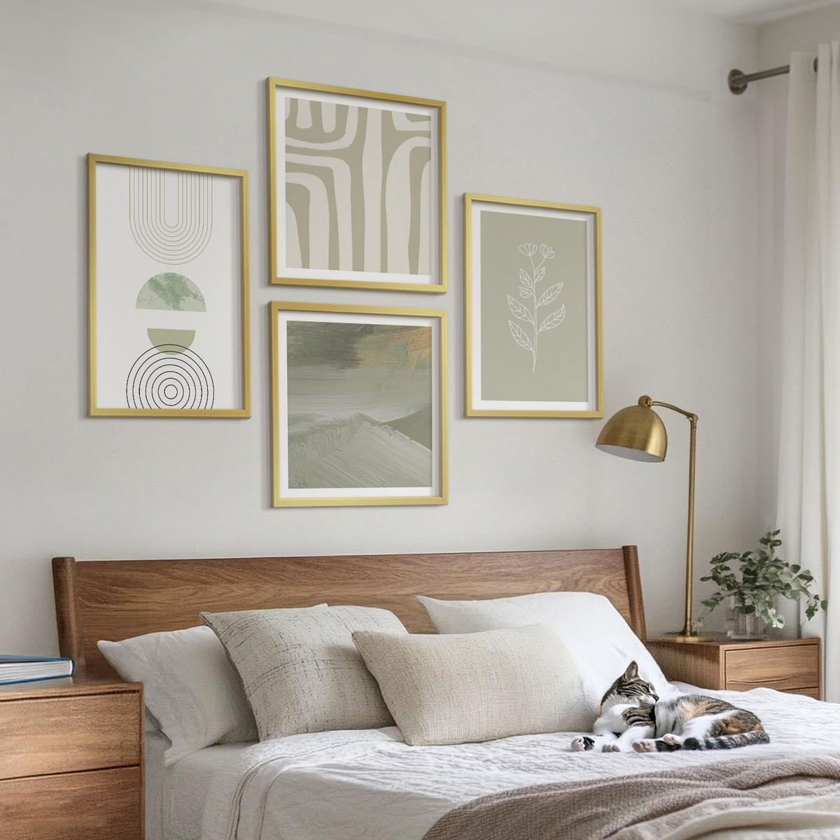 WANDBILDER 4er Set - 50x50 cm & 40x60 cm Goldrahmen - Geometrische Pflanzenmuster - Goldfarben, Kunststoff (50/50cm) - ArtPrintCave
