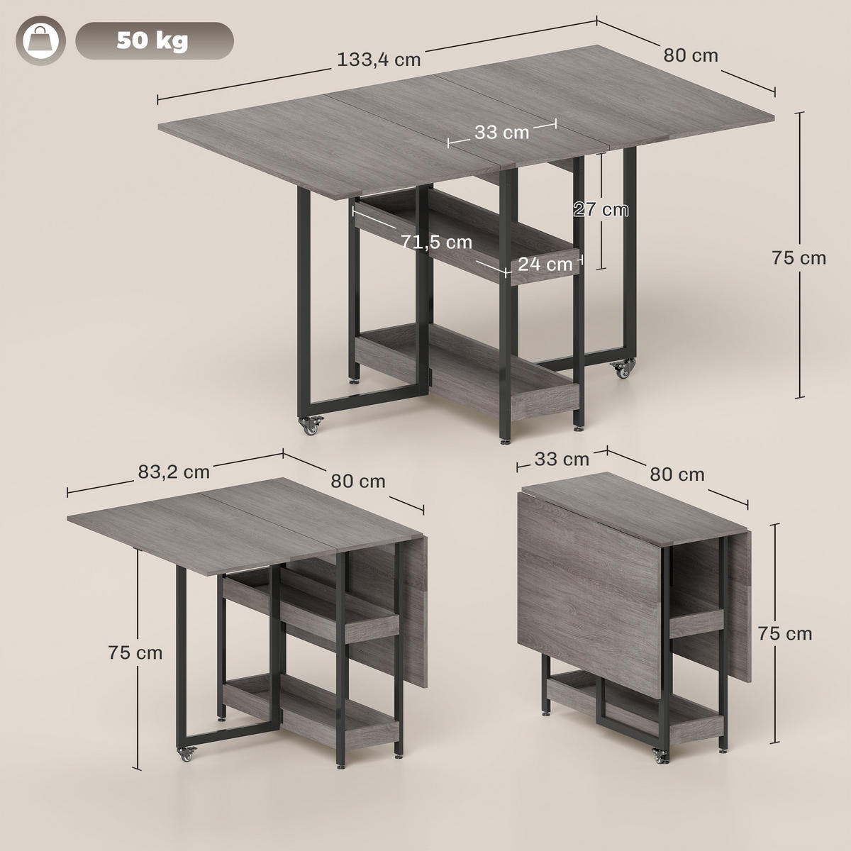 ESSTISCH Grau 133.4/80.0/75.0 - Grau, Holzwerkstoff (133.4/80/75cm)