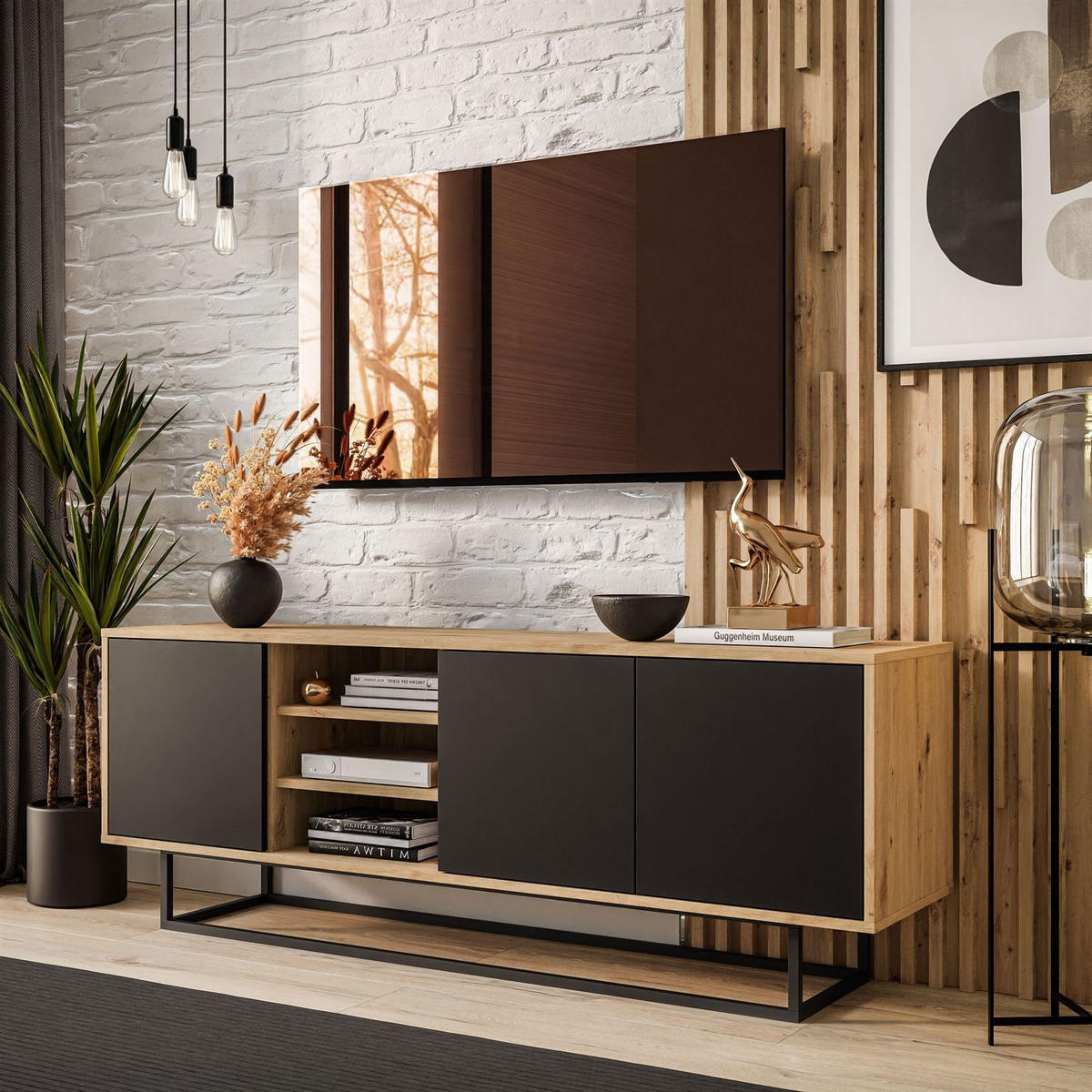 TV-ELEMENT SANAYI II mit Regalen Eiche Artisan/Schwarz - Schwarz, Holzwerkstoff (156/56/38cm) - Lookway