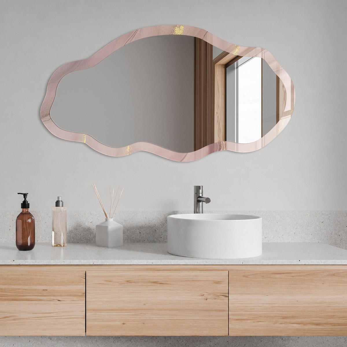 SPIEGEL 90x45 cm asymmetrisch mit Druck - Marmorrosa - Transparent, Glas (45/90/0.4cm) - TULUP