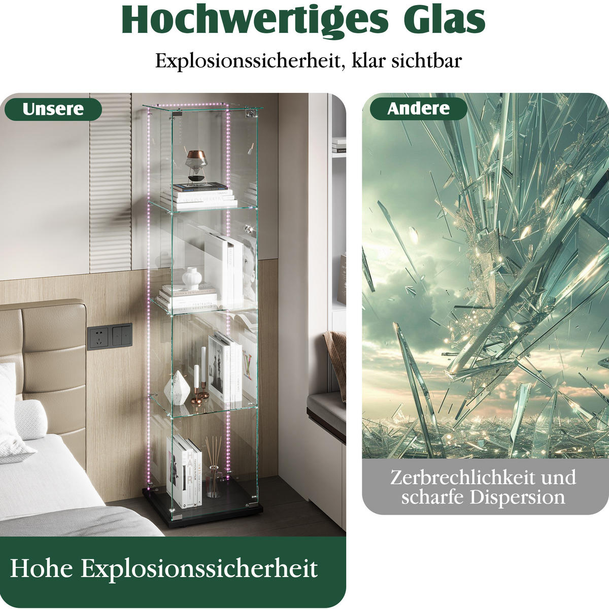 GLASVITRINE mit 4 Ablagen, LED-Lichtleiste, Doppeltüren, Schwarz - Schwarz, Glas (39.8/163/35cm) - BRILVERDE