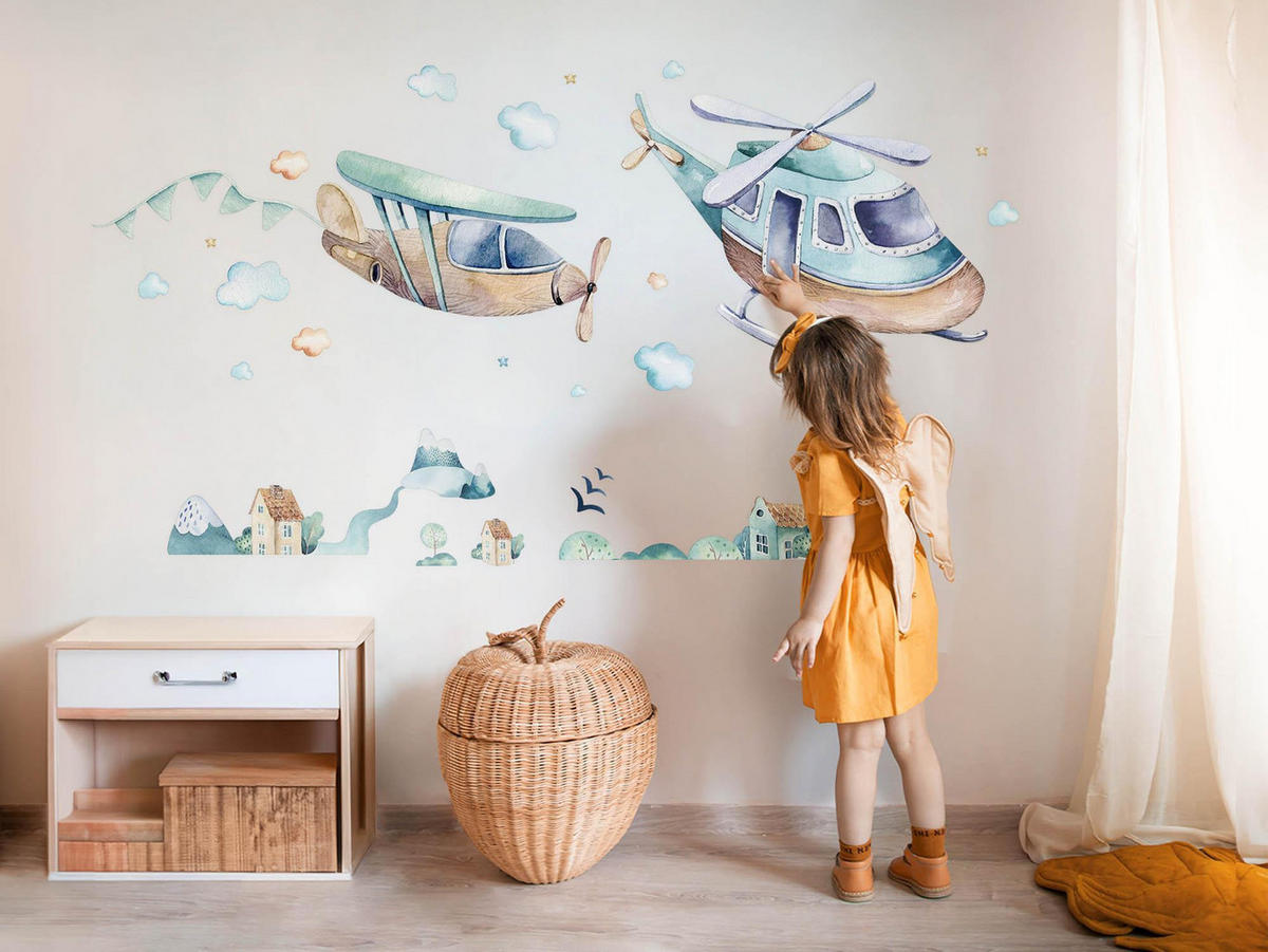 WANDAUFKLEBER 130x188cm - Hubschrauber und Flugzeug - Multicolor, Kunststoff (130/188/0.1cm) - Wallfluent