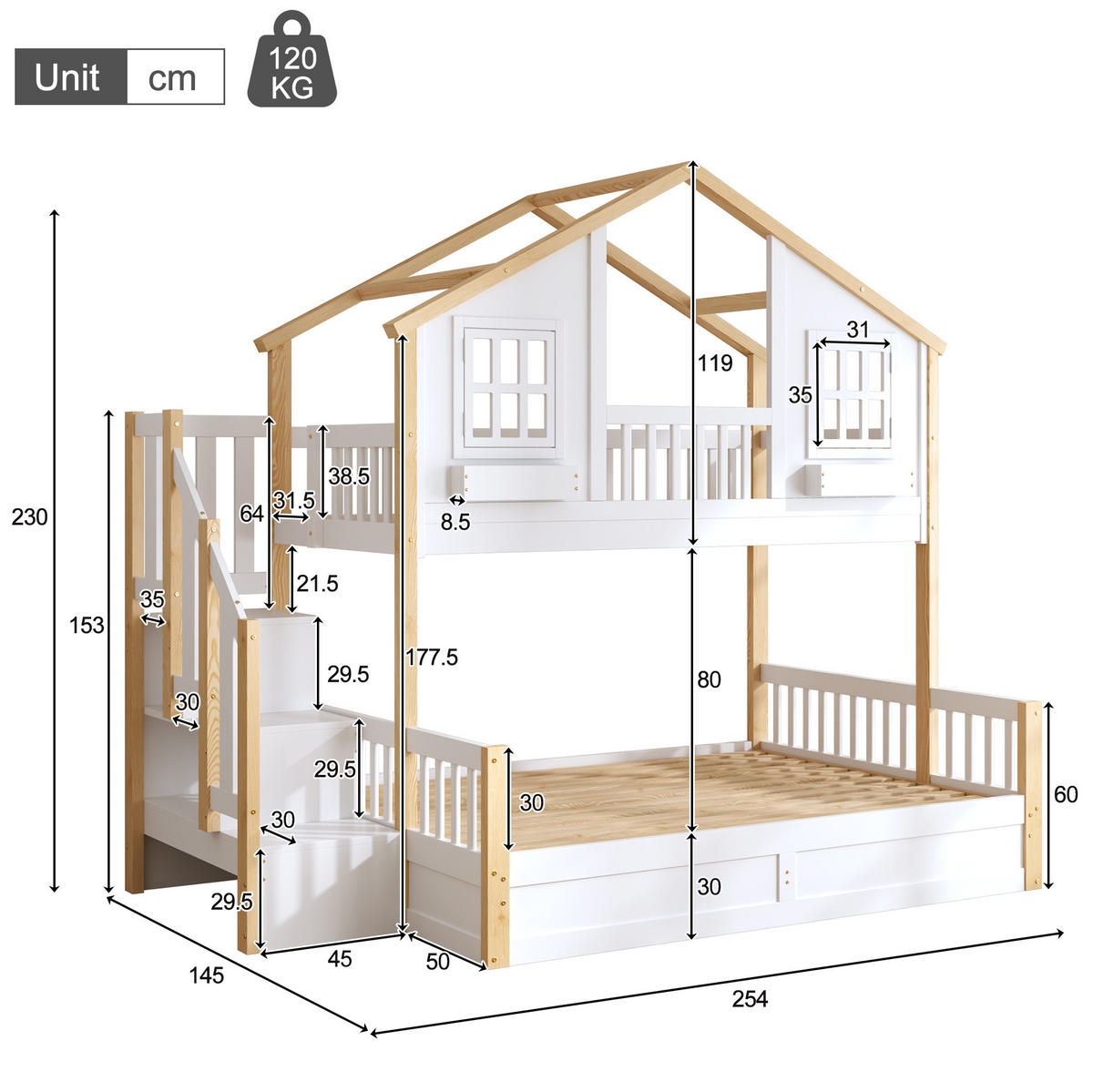 ETAGENBETT 140/200 cm weiß aus Kiefer mit LED und Stauraumtreppe - Weiß, Holzwerkstoff (90/200cm) - OKWISH