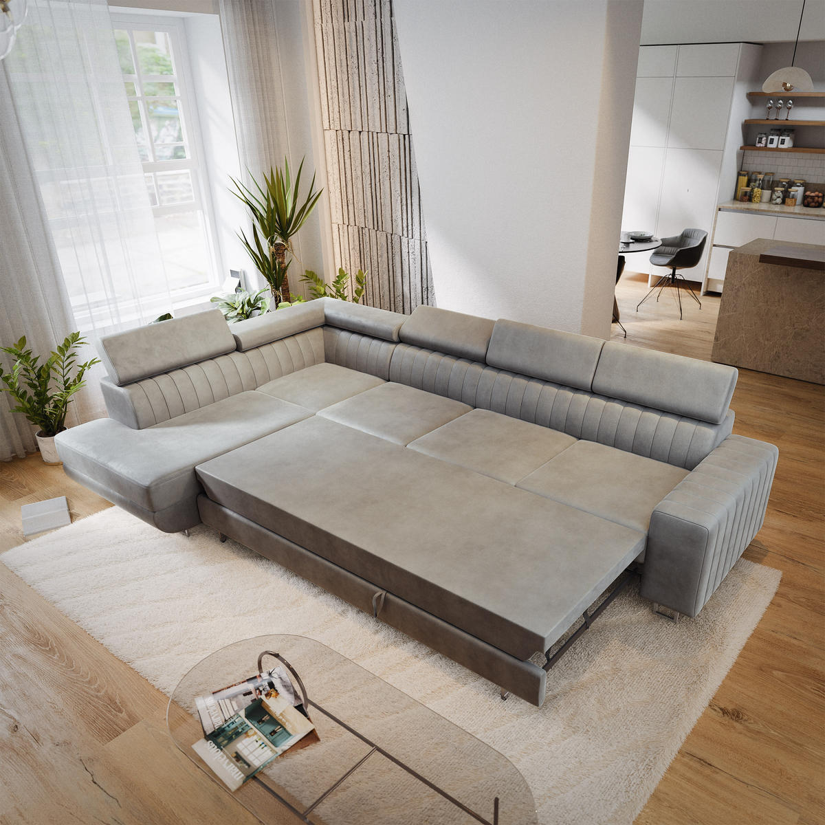 ECKSOFA HESTION Hellgrau Velours-Stoff mit Schlaffunktion - Hellgrau, Holz (332/190cm) - MASSENO
