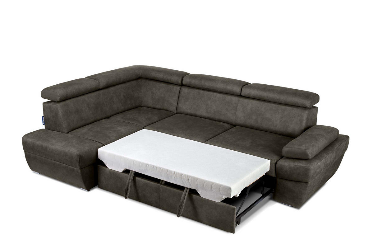 SCHLAFECKSOFA RATLO links 4/5-Sitzer mit Bettkasten in Lederoptik, grau - Silberfarben/Grau, Textil (270/190cm) - KONSIMO®
