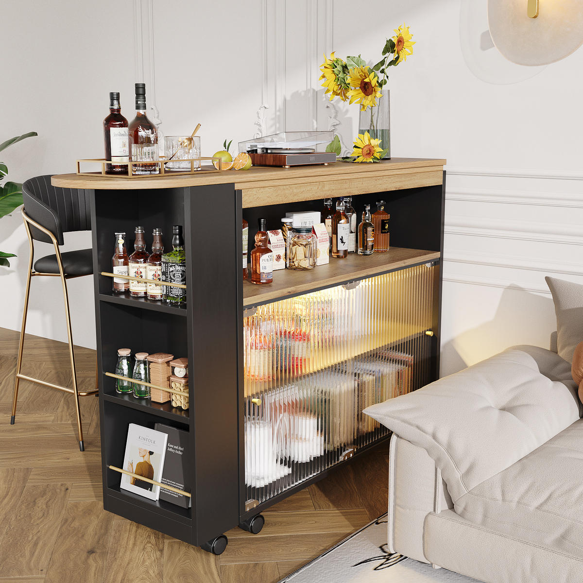 BARTISCH 138/39/105 cm schwarz mit Stauraum und LED-Beleuchtung - Schwarz, Holzwerkstoff (39/204/105cm) - OKWISH