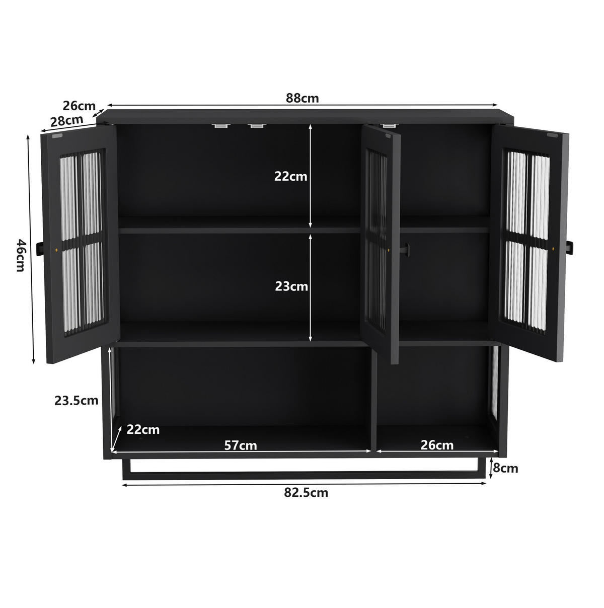 KÜCHENOBERSCHRANK 88x26x82.5 cm in Schwarz aus Sicherheitsglas mit geriffeltem Glas & Handtuchstange - Schwarz, Holzwerkstoff (88/82.5/26cm) - Modfu