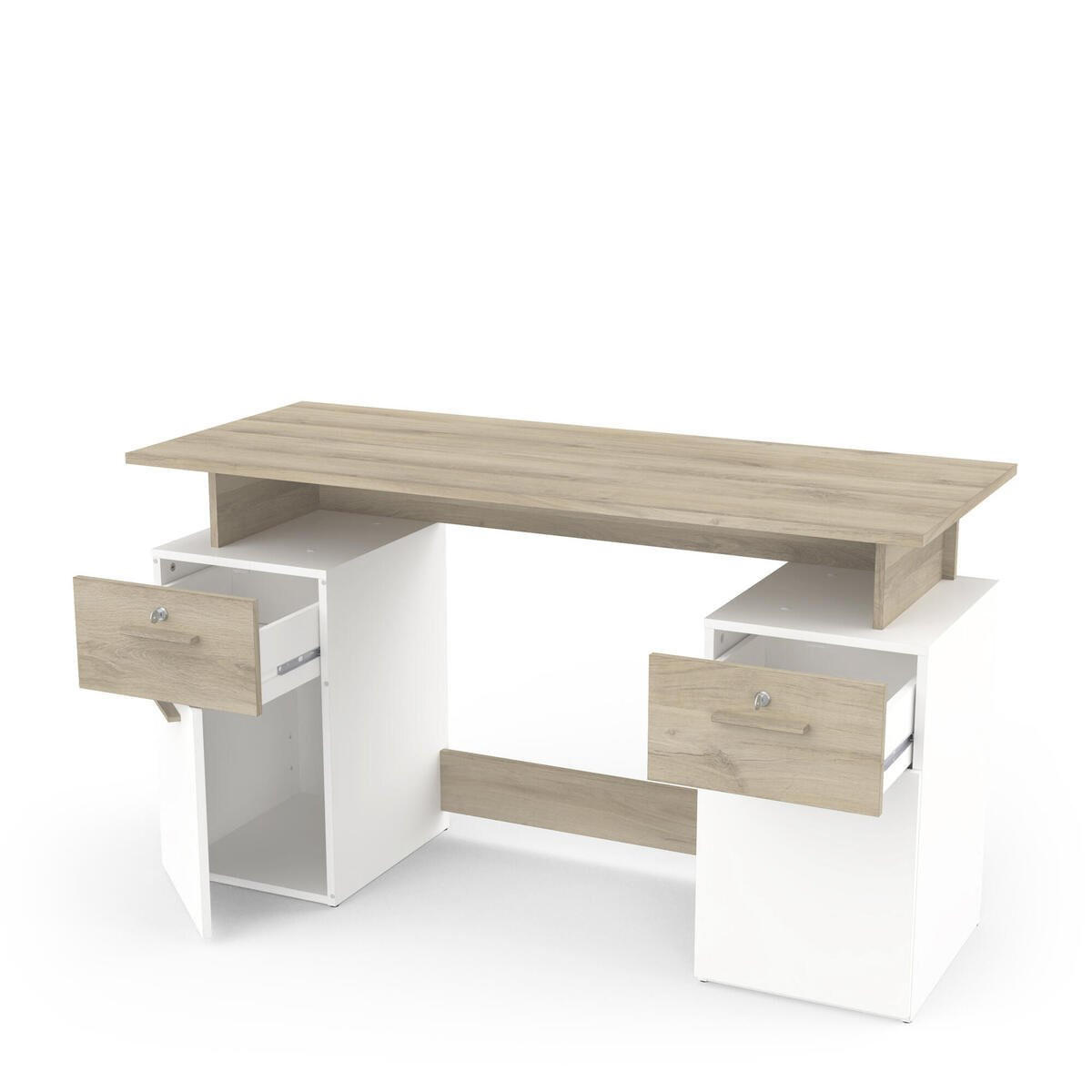 SCHREIBTISCH mit Doppelcontainer, in Holz und Weiß Dekor - L134,8 cm - Platon - Eiche Artisan, Holzwerkstoff (134.8/55/76.4cm) - Calicosy