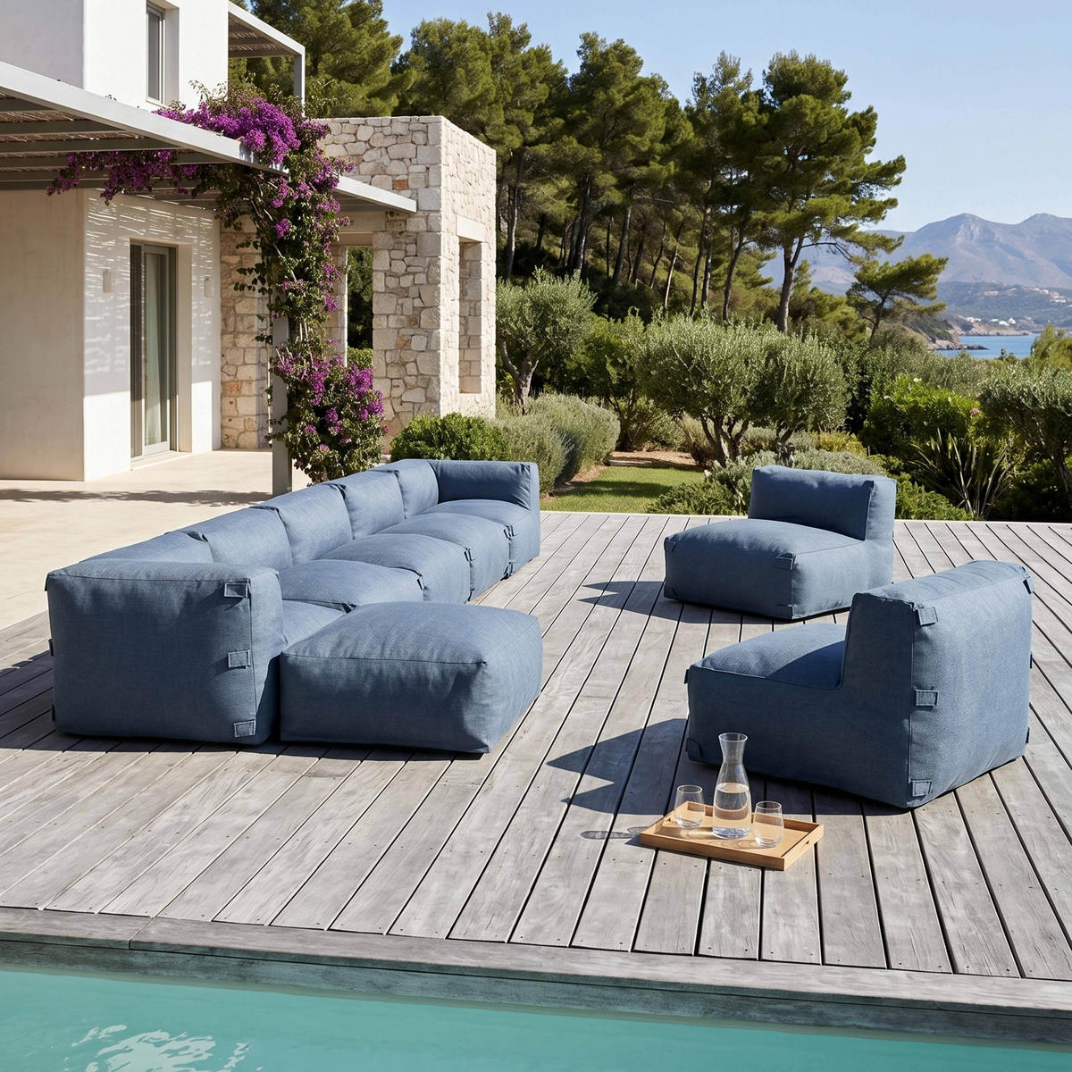 GARTENSOFA mit 8 Sitzplätzen, Pazifikblau - Blau, Textil - Oviala