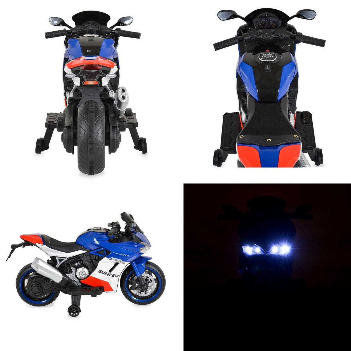 ELEKTROMOTORRAD Surfer blau Stützräder Fußstütze Bluetooth MP3-Ausgang - Blau, Kunststoff (115/57/70cm) - Moni