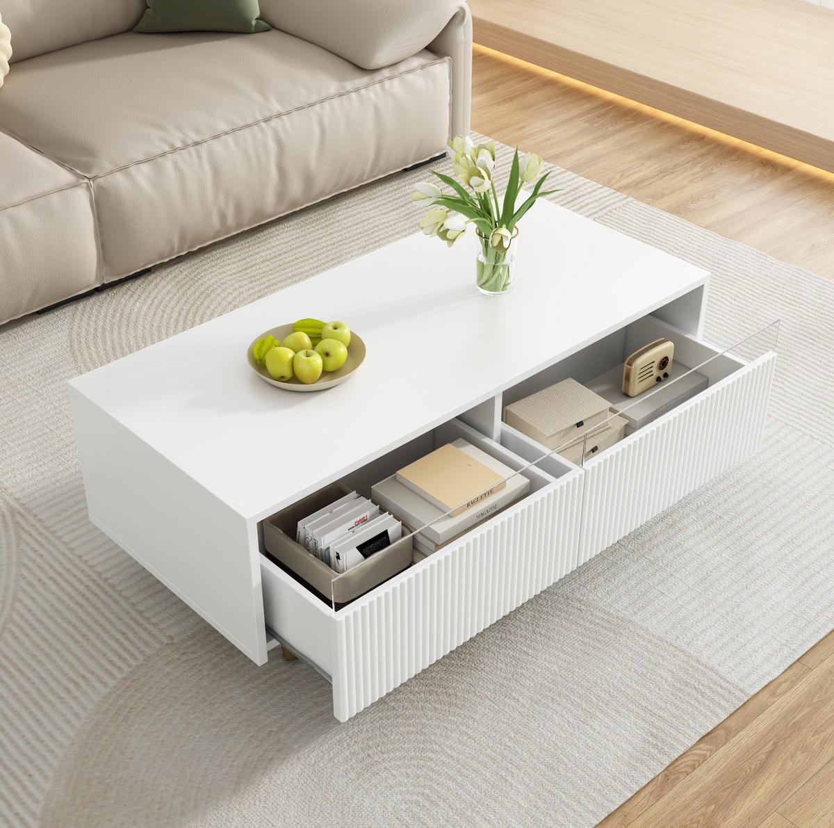 COUCHTISCH aus MDF 110x50x40 cm Weiß mit 2 Schubladen und LED-Beleuchtung - Weiß, Holzwerkstoff (110/50/40cm) - IVMEU