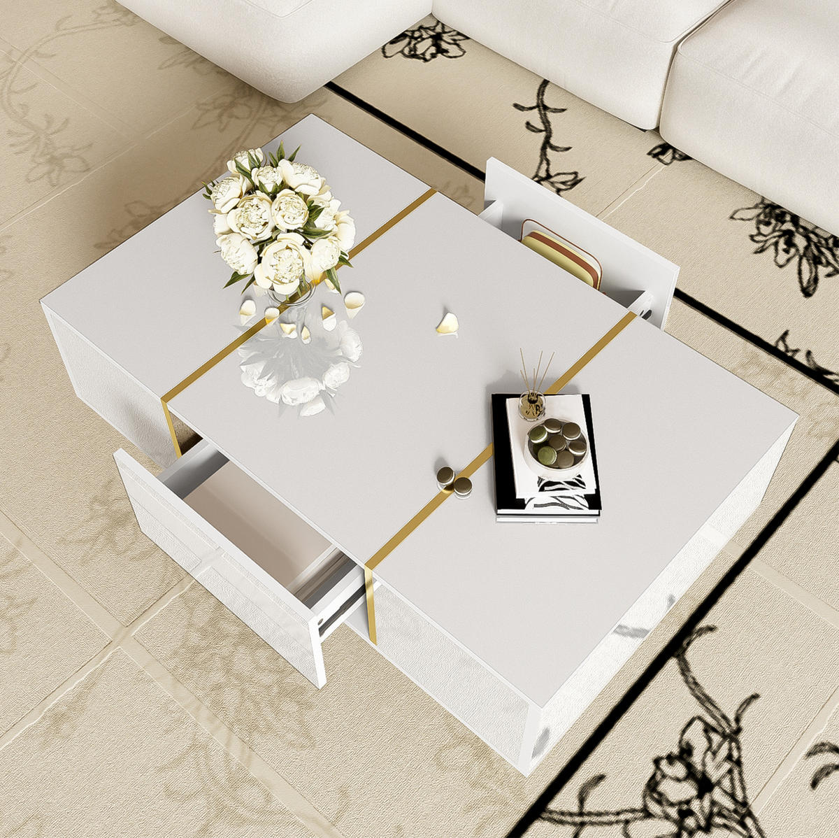 COUCHTISCH aus MDF 100x60x41,5 cm Weiß Hochglanz mit 2 Schubladen - Weiß, Holzwerkstoff (100/60/41.5cm) - IVMEU
