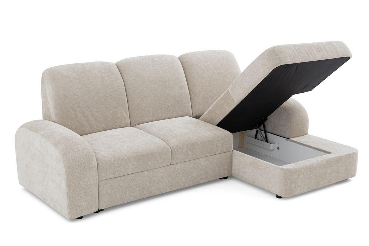 ECKSOFA VIBE S Rechts mit Schlaffunktion 130x202 Chenille Beige - Beige/Schwarz, Holz/Kunststoff (156/255cm) - Muffo