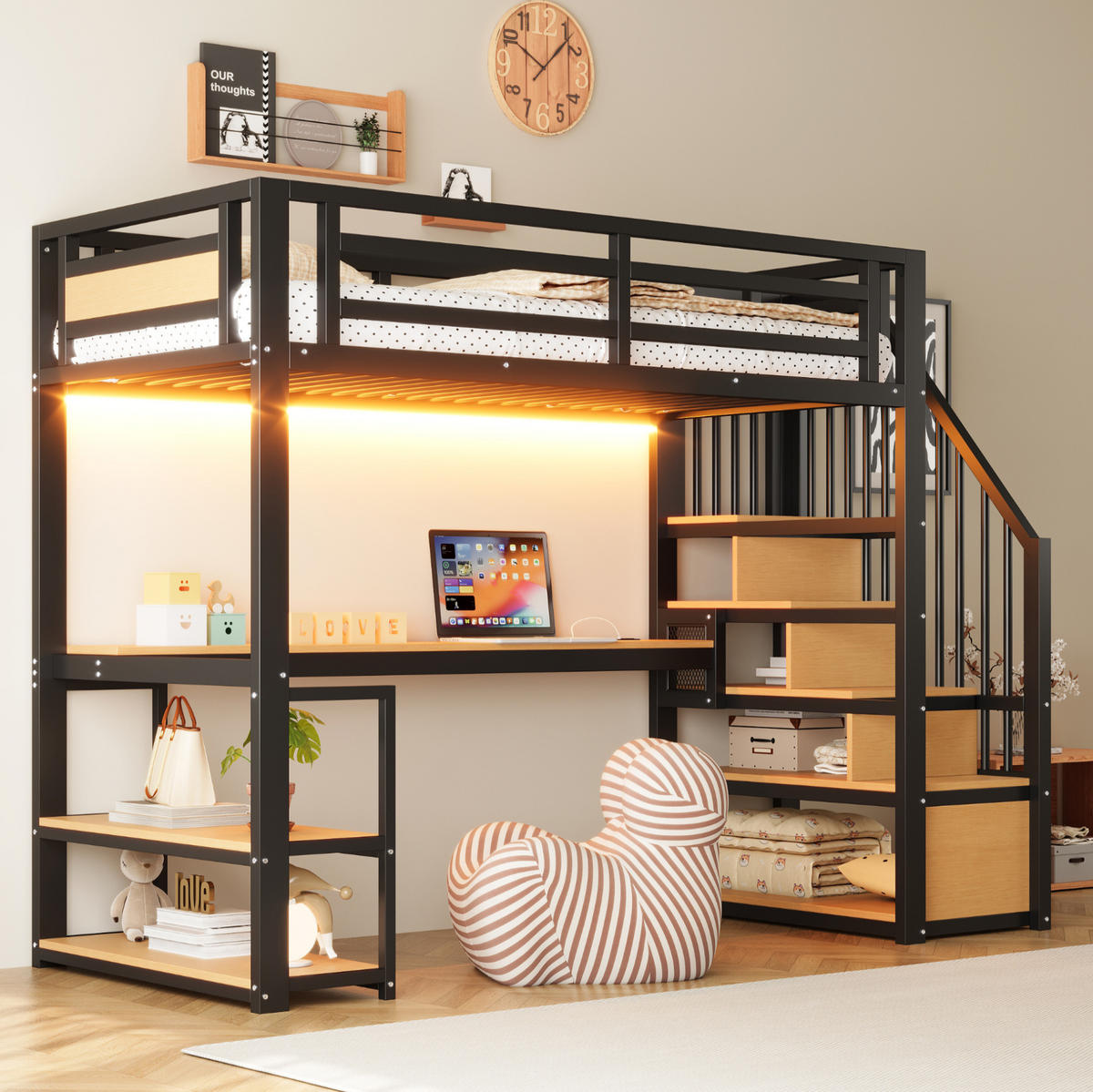 HOCHBETT 90/200 cm, Schwarz mit Tisch, Regalen und Leiter - Schwarz, Metall (90/200cm) - MIVRAY