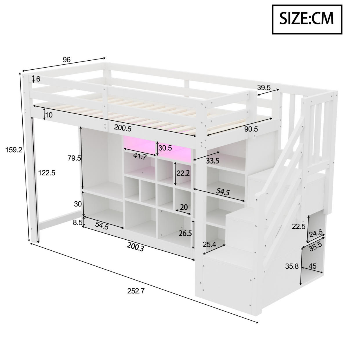 HOCHBETT 90/200 cm aus Holz mit Stauraum, Kleiderschrank und LED-Beleuchtung Weiß - Weiß, Holz (90/200cm) - Modenvie