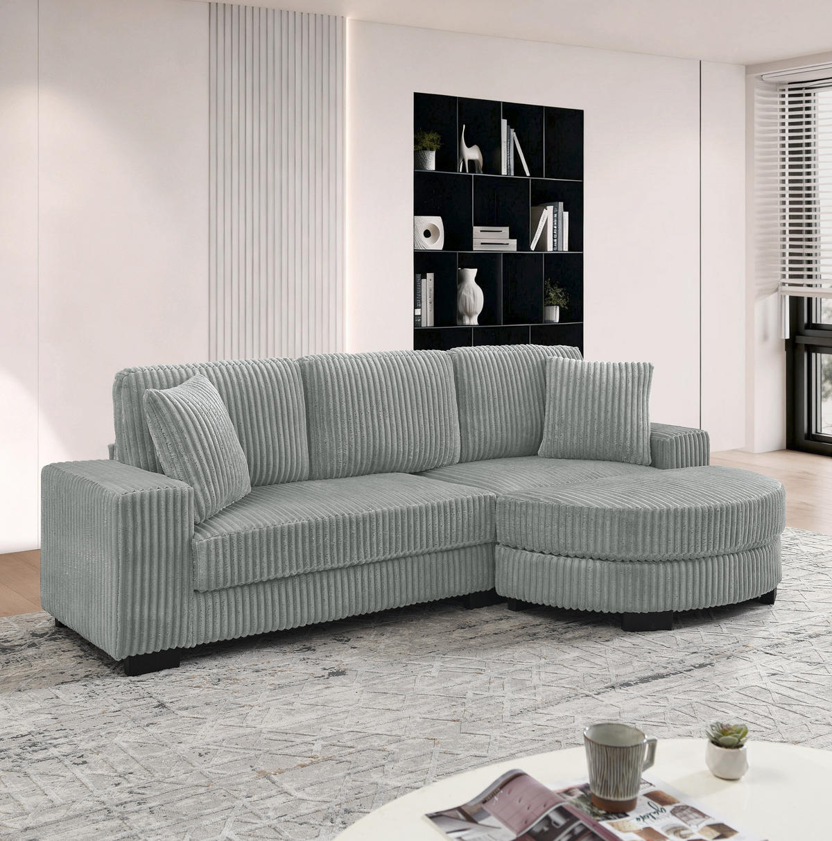 ECKSOFA 256,5/133,5/89 cm grau aus Corduroy mit wechselbarem Hocker - Grau, Kunststoff (133.5/256.5cm) - OKWISH