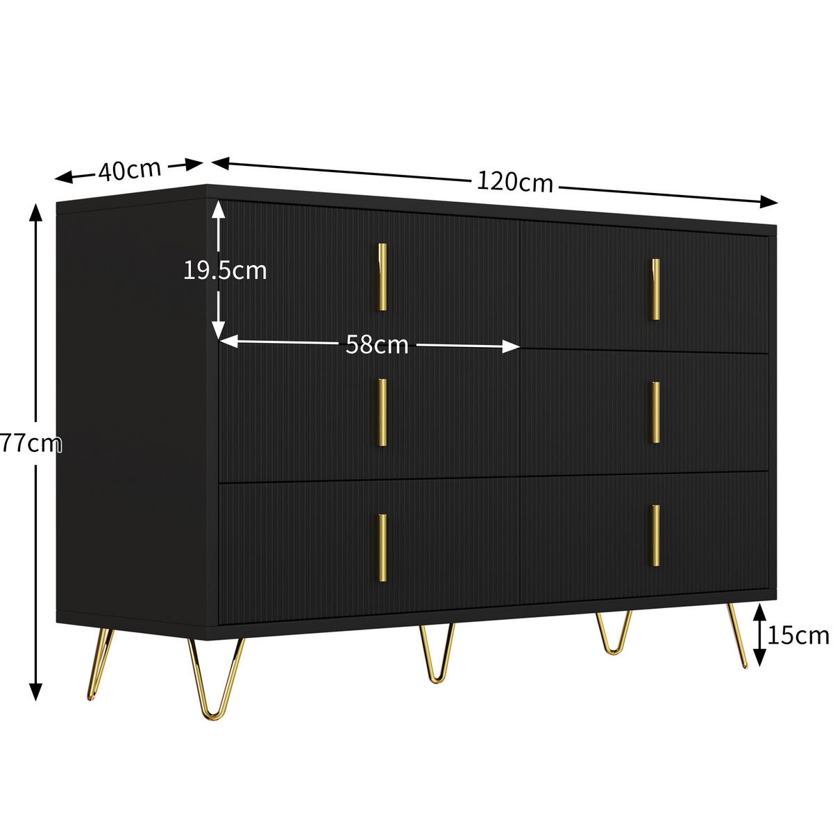SIDEBOARD 120/40/77 cm Schwarz/Gold aus Spanplatte mit 6 Schubladen - Schwarz, Holzwerkstoff (120/77/40cm) - OKWISH