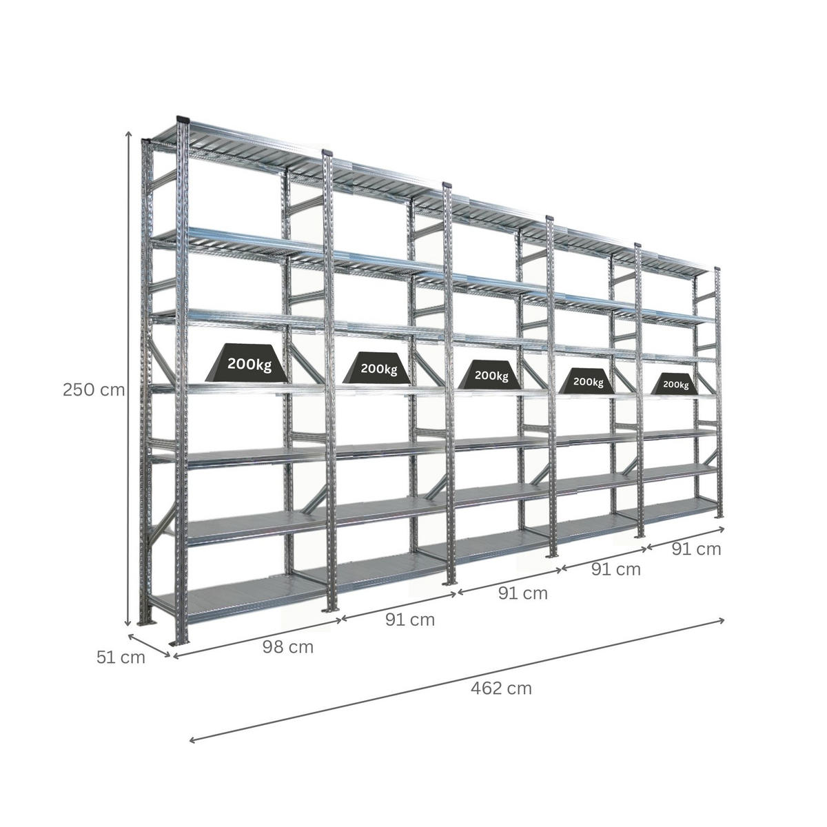 FACHBODENREGAL Proximo Stecksystem 250x450x50cm 7 Ebenen Beidseitig nutzbar Verzinkt - Silberfarben, Metall (450/250/50cm) - PROREGAL