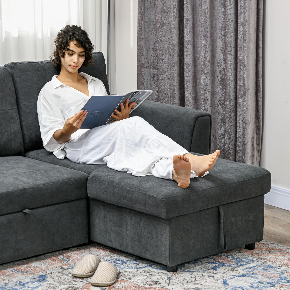 SCHLAFSOFA Ecksofa mit Bettfunktion, 3 Sitzer Couch mit Stauraum, Dunkelgrau - Dunkelgrau/Schwarz, Kunststoff/Textil (141/232cm) - HOMCOM