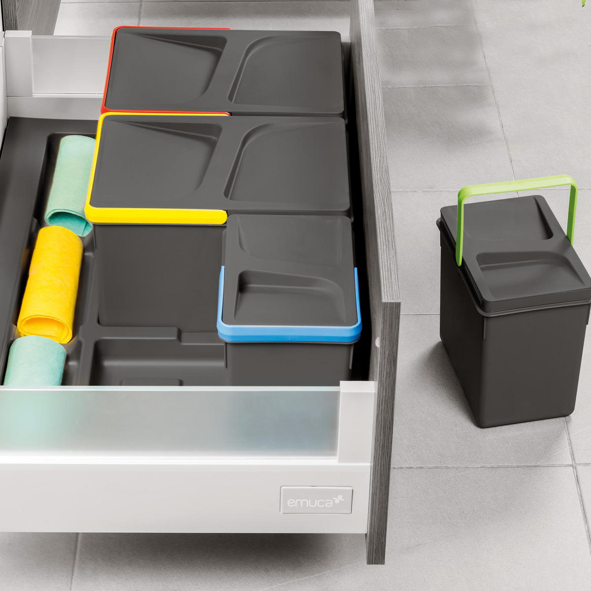 RECYCLINGBEHÄLTER für Küchenschublade mit Boden, Höhe 266mm, 2x15Liter, 2x7Liter, Modul 900mm, Kunststoff Anthrazitgrau 4er-set - Anthrazit, Kunststoff (53/30/86cm) - EMUCA