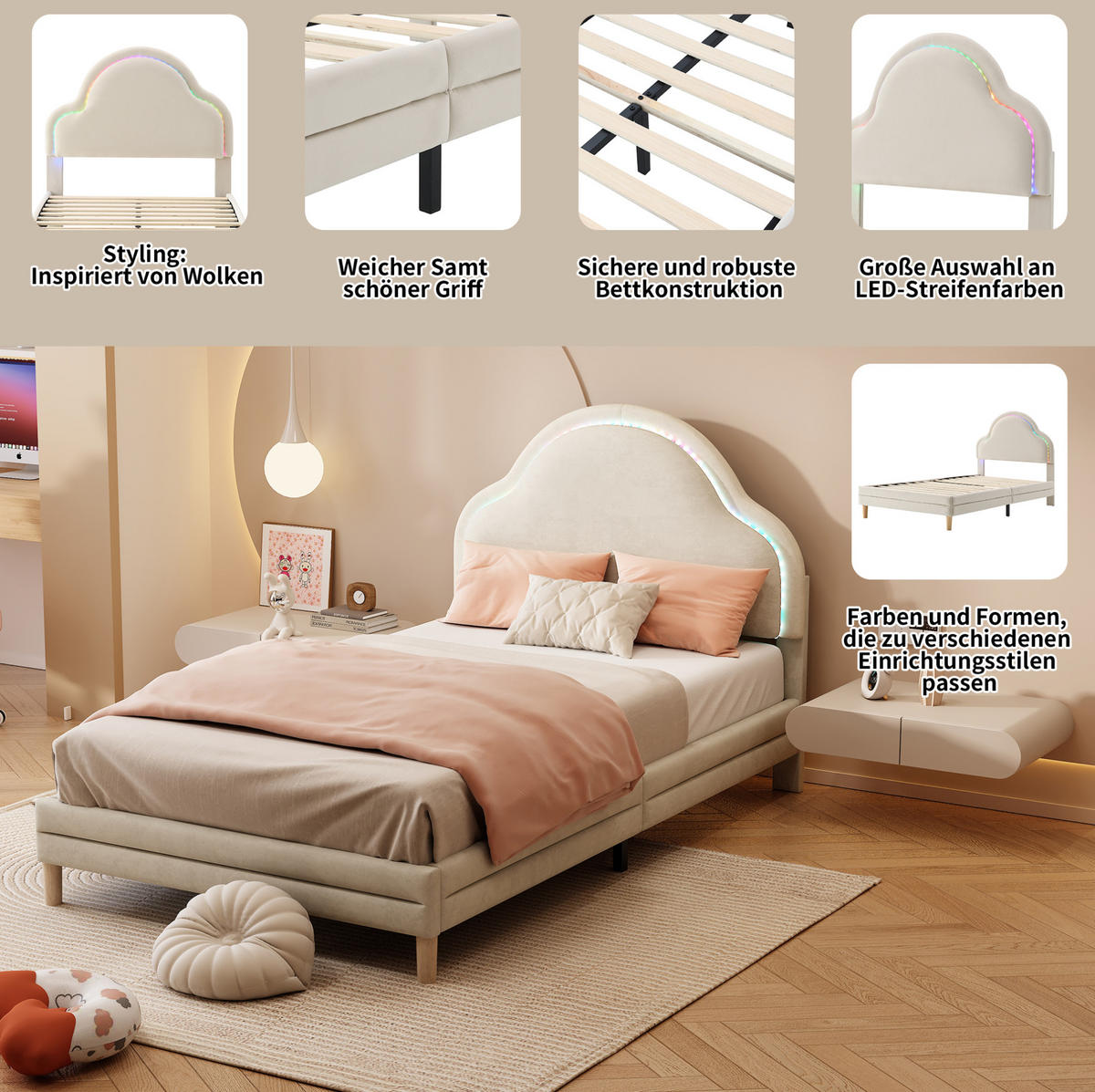 POLSTERBETT 90/200 cm Beige aus Samt mit LED-Streifen - Beige, Textil (90/200cm) - OKMYHOME