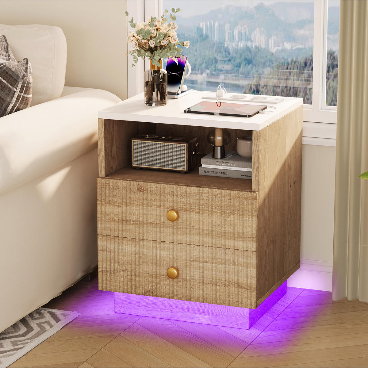 NACHTSCHRANK 2er Set, 44/38/55 cm, mit 2 Schubladen & LED-Beleuchtung, in Naturholzfarbe, mit Steckdose, USB & Type-C, Nachttisch für Schlafzimmer - Goldfarben/Naturfarben, Holz/Metall (38/55/44cm) - BPKADHY