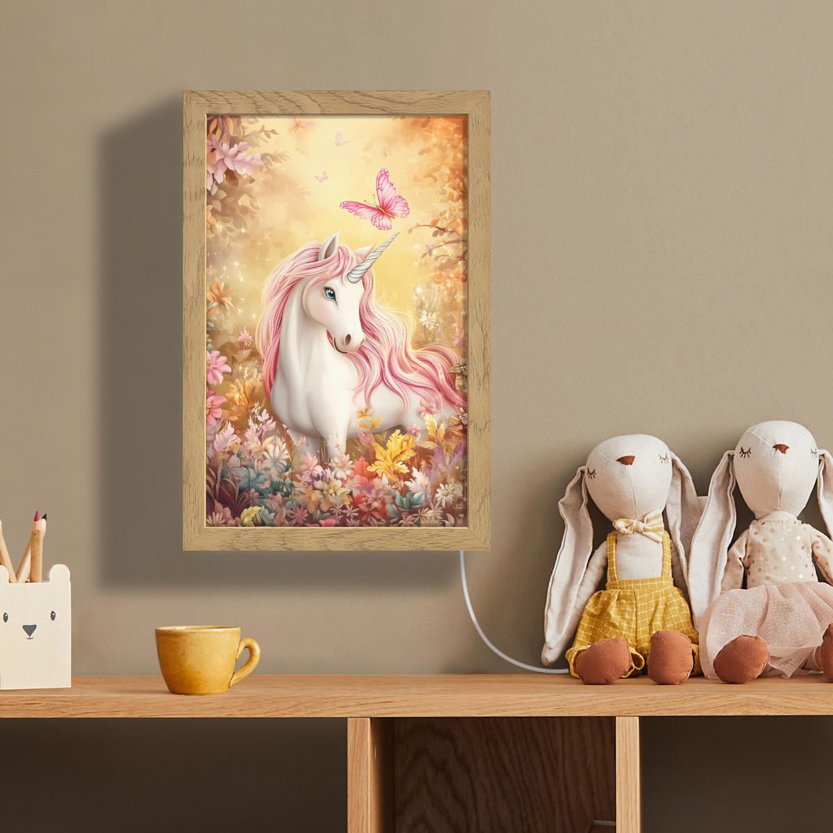 NÁSTĚNNÁ LAMPA Jednorožec - Květiny - Motýl - Růžová 20x30 cm - béžová, kompozitní dřevo (20/30/8cm) - OnlyWow