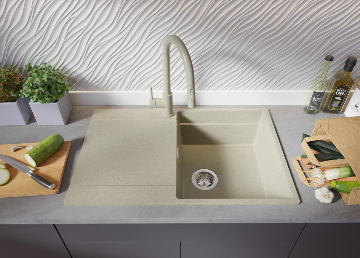 SPÜLBECKEN San Francisco, 2-er set Beige 78/50 cm 1 Becken + Ablauf-Set + Aufrollbare Abtropffläche ab 50er Unterschrank - Chromfarben/Beige, Kunststoff (78/20/50cm) - Primagran