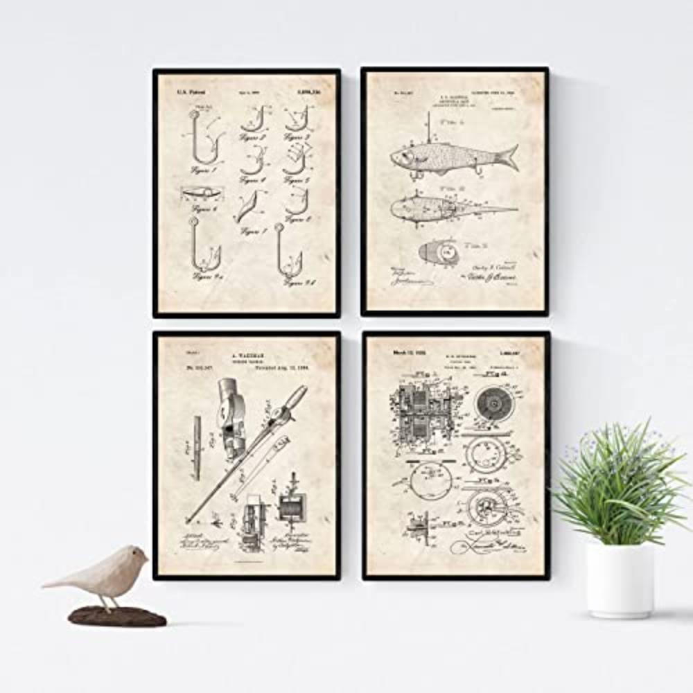 POSTER Set mit 4 Angelrute Patent A4 Schwarzer Rahmen - Schwarz, Papier (29.7/3cm) - Nacnic