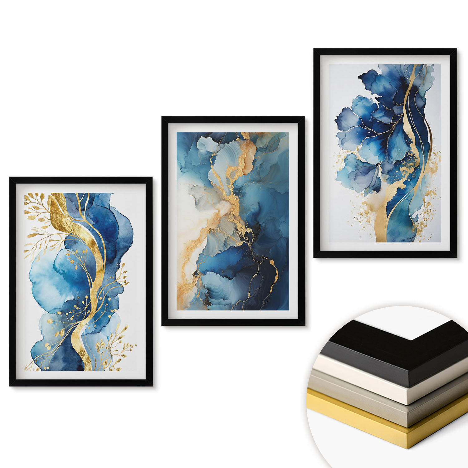 WANDBILDER 3er-Set - 40x60 cm Schwarzer Rahmen - Blaue abstrakte Muster - Schwarz, Kunststoff (40/60cm) - ArtPrintCave