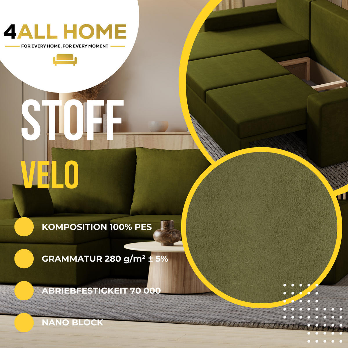 ECKSOFA Paco mit Bettkasten und Schlaffunktion, L-Form/XL-Form, Velourstoff, Universal - Olivgrün, Holzwerkstoff (246/145cm) - 4ALL HOME