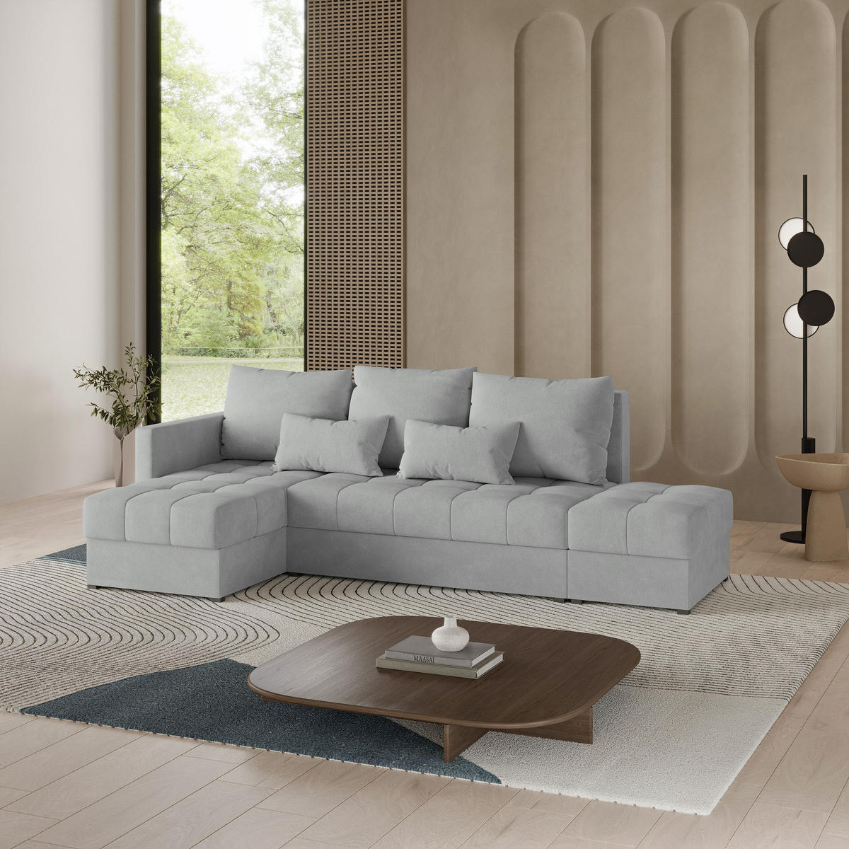 ECKSOFA LUMARI L-S Hellgrau Plüsch-Stoff mit Schlaffunktion - Hellgrau, Holz (262/143cm) - MASSENO
