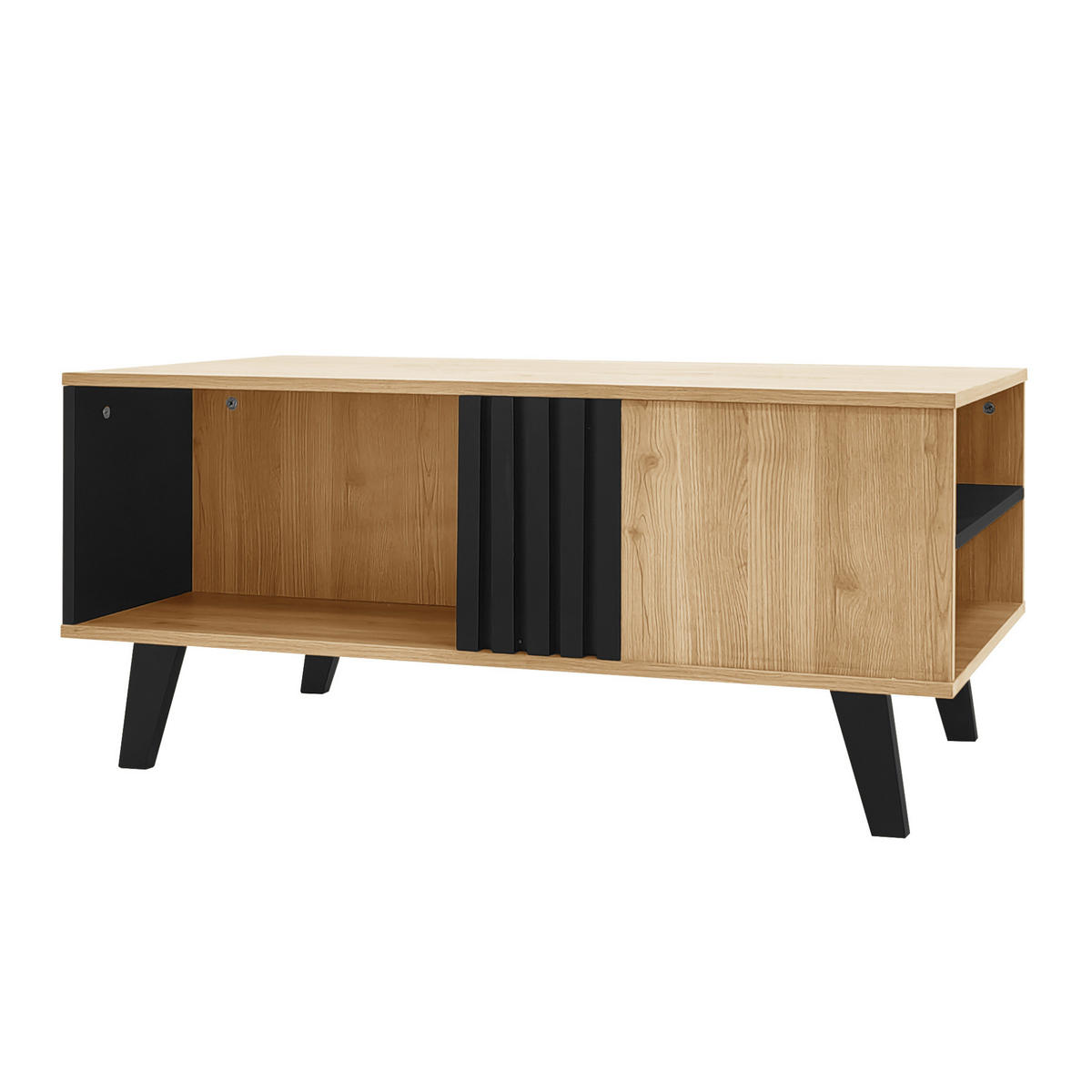 COUCHTISCH, Glas & Spanplatte, naturfarbene Platte mit schwarzen Beinen, großes Staufach, 100/60/45 cm, Schwarz und Holz - Naturfarben, Holzwerkstoff (100/60/45cm) - Redom