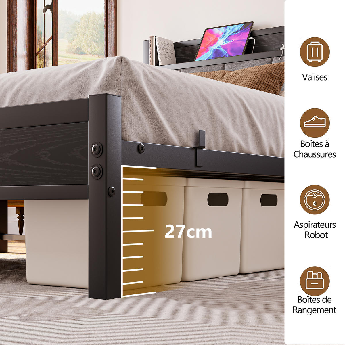 METALLBETT 140/190 cm Schwarz mit LED und USB - Schwarz, Metall (140/190cm) - Oxeza