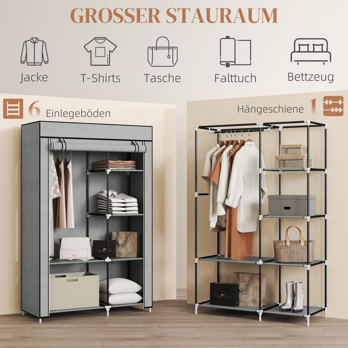KLEIDERSCHRANK, Stoffschrank, Grau - Grau, Metall (43/162.5/103cm) - HOMCOM