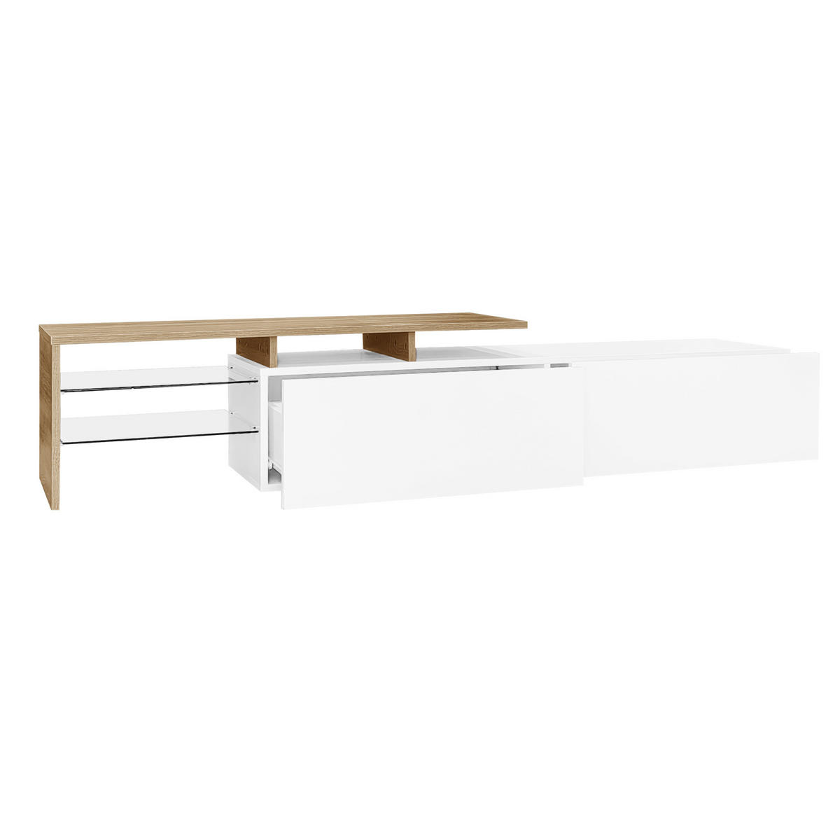 TV-SCHRANK aus Spanplatte 170x33x33,5 cm Weiß/Natur mit LED-Beleuchtung, Glasböden und Stauraum - Weiß, Holzwerkstoff (170/33.5/33cm) - Modfu