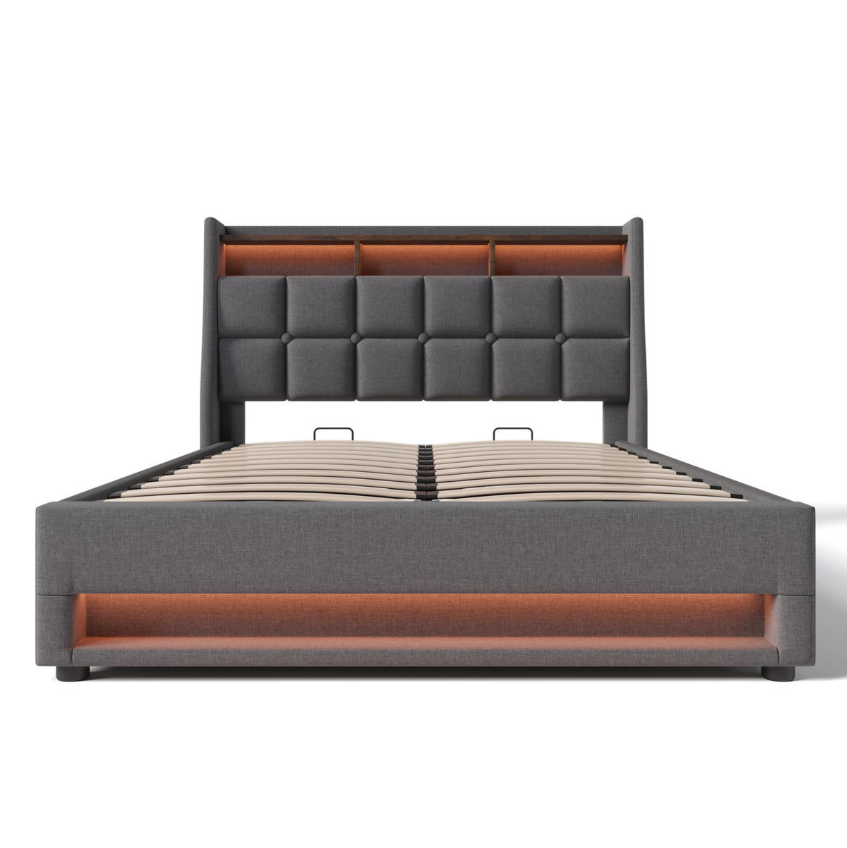 POLSTERBETT aus Leinen 180x200 cm in Grau mit LED-Beleuchtung & USB - Grau, Textil (180/200cm) - Modfu
