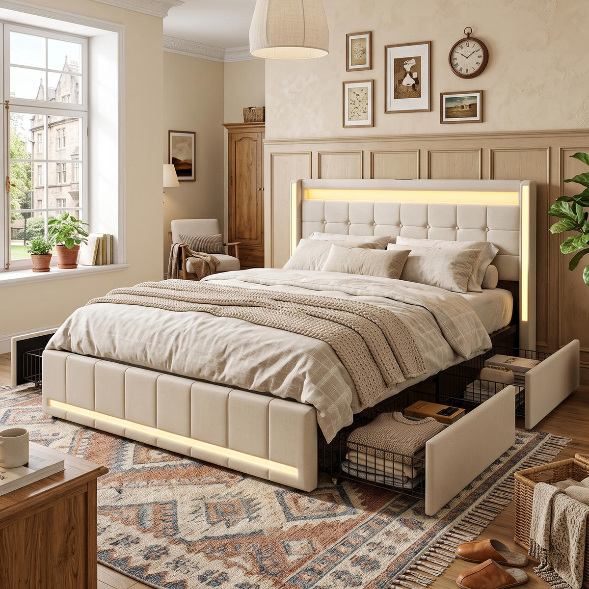 POLSTERBETT Geometrisch 140/200 cm mit 4 Schubladen & App-LED Leinenoptik Beige - Beige, Textil (140/200cm) - Creahappy