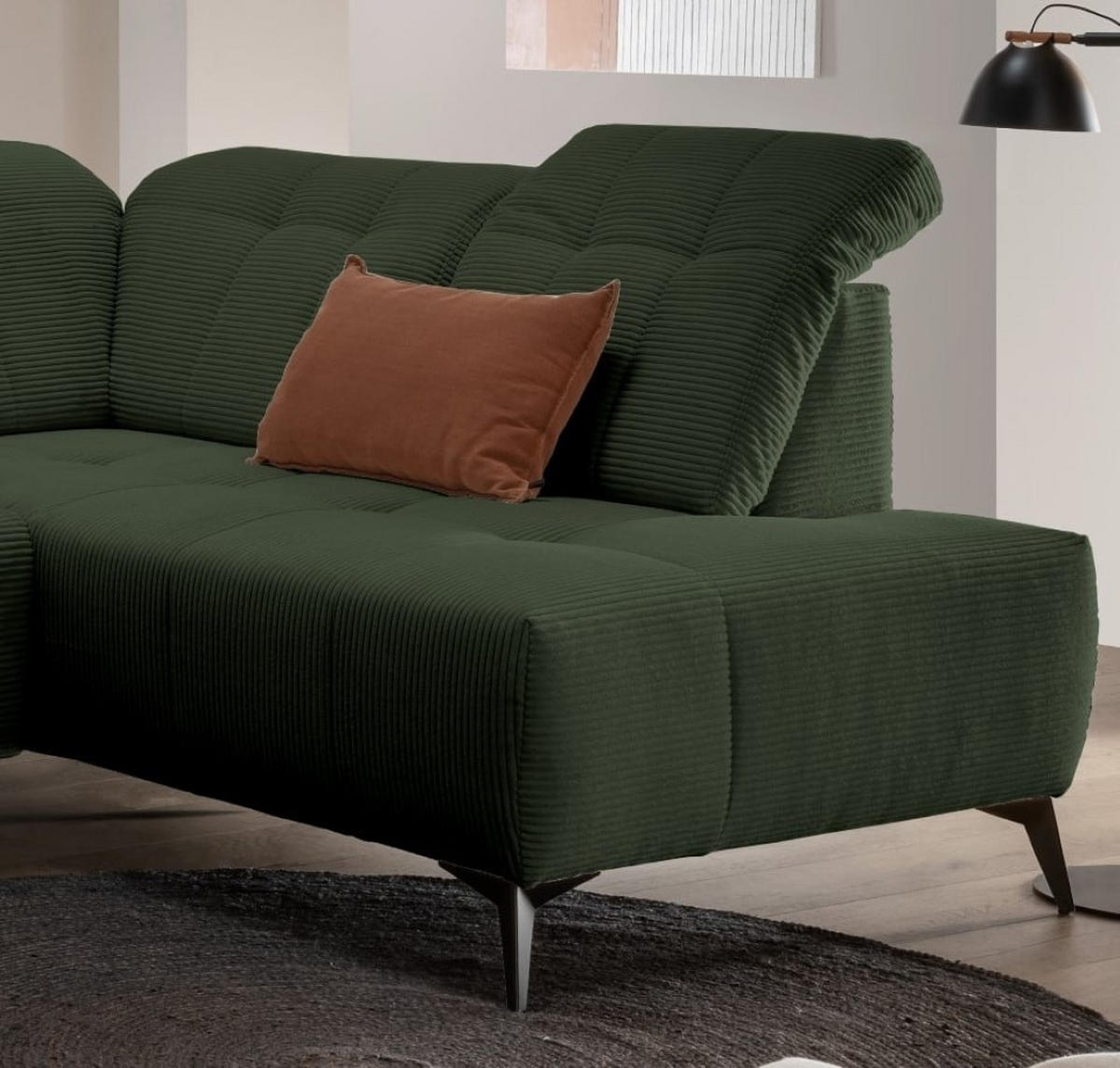 WOHNLANDSCHAFT mit elektrisch verstellbare Relaxfunktion, Cord-Stoff - Schwarz/Grün, Textil/Metall (200/104/337cm) - myHomelando