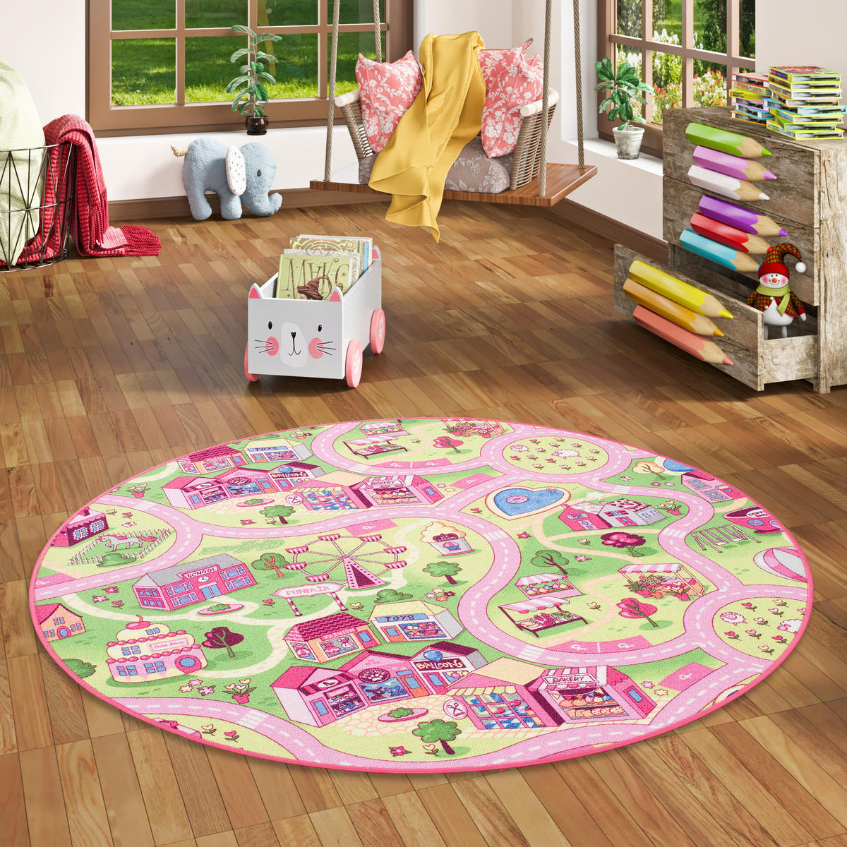 KINDER SPIEL TEPPICH GIRLS VILLAGE RUND - Rosa, Textil (200/200cm) - Snapstyle