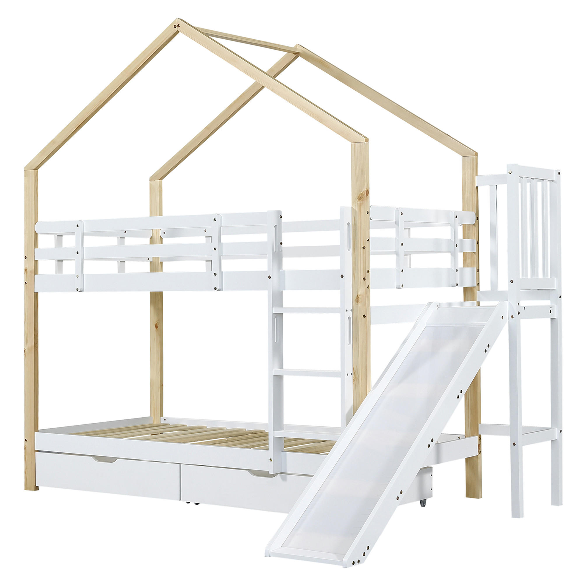 ETAGENBETT 90x200 cm mit Rutsche, Leiter und Schubladen, Massivholz & MDF, weiß-natur - Weiß, Holzwerkstoff (90/200cm) - Luhomfu